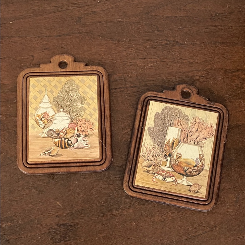 Vintage Wooden Wall Plaques with Glasses and Coastal Still Life set of 2